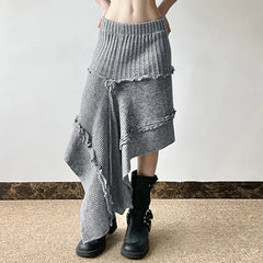 Grey Irregular Knitted Midi Skirt