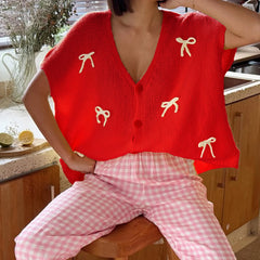 Bow V-Neck Short Sleeve Cardigan