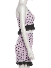Pink Ruffled Hem Polka Dot Crop Top And Ruched Mini Skirt Set