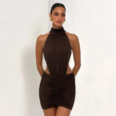 Bodycon Ruched Open-Back High-Neck Mini Dress