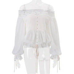 White Off-shoulder Tied Cuff Lantern Sleeve Top