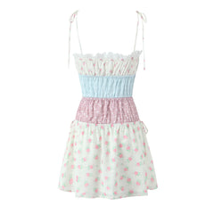 Floral Printed Patchwork Ruched Tie Up Strap Mini Dress