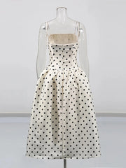 White Satin Polka Dot Strapless Midi Dress