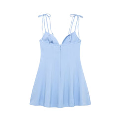 Blue Tie Up Bow Sweet Heart Neckline Mini Dress
