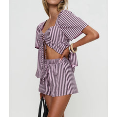 Purple Striped Print Short Sleeve Front Tied Tops And Shorts Set