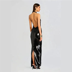 Black Sequin Halter V-Neck Pleated Satin Patchwork Maxi Dress