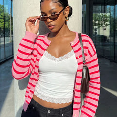 Striped Knit Round Neck Button Down Cardigan