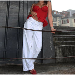 Red Ruffle Hem Cami Peplum Crop Top