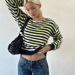 Striped Fuzzy Knit Off Shoulder Boat Neck Sweater