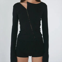 Button Long Sleeve Hollowed Out Top