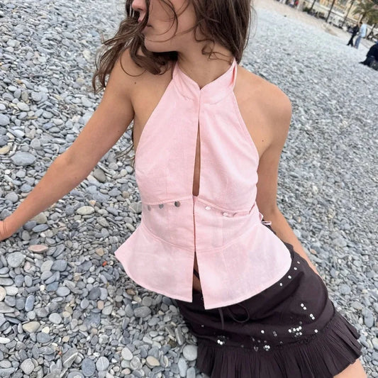 Pink Stand Collar Button Halter Tank Top