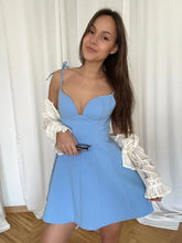 Blue Tie Up Bow Sweet Heart Neckline Mini Dress