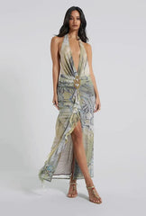 Printed Deep V-neck Maxi Dress