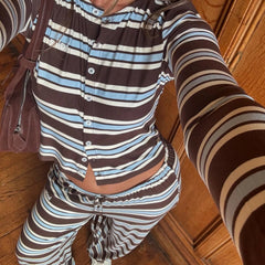 Striped Crew Neck Long Sleeve Button Up Top and Pants Set