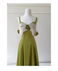 Green Satin Off-shoulder Patchwork Mesh 3d Flower Midi Dress