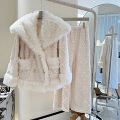 White Fur Plush 3 Piece Pajama Set