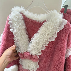 Pink Fur Plush Shirt And Pants Sleepwear Set