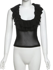 Black Ruffle Low-Neck Tank Top