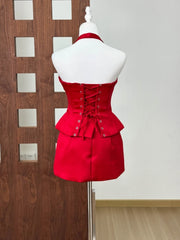 Red Satin Halter Neck Lace-up Top And Mini Bow Skirt Set