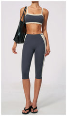 Two-Tone Contrast Seam Crop Top And Capri Leggings Set