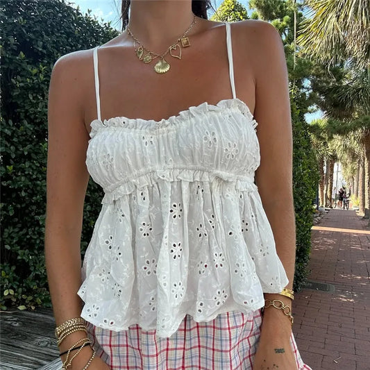 Eyelet Embroidery Spaghetti Strap Peplum Top
