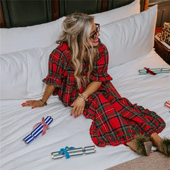 Christmas Plaid Puff Sleeve Ruffle Trim Pyjama Set