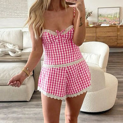 Plaid Lace Trim Bustier Crop Top And Shorts Set