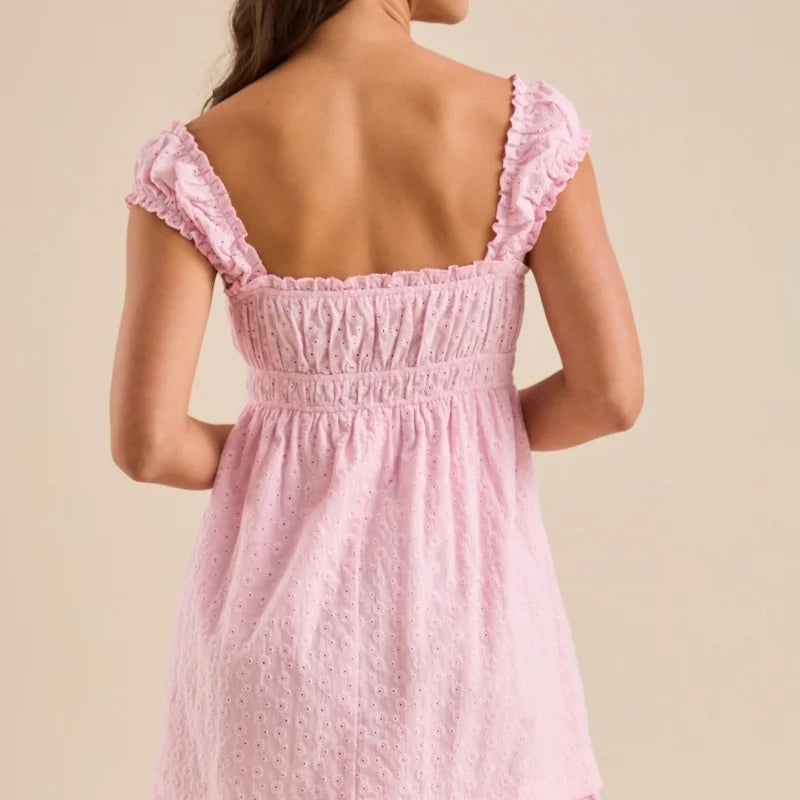 Pink lace dress with ruffled straps- back