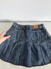 Lace Patchwork High Waist Pleated Denim Mini Skirt