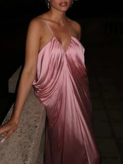 Pink Satin Drape Style Maxi Dress