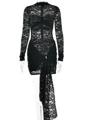 Black Long Sleeve Sheer Lace Mini Dress