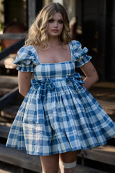 Blue Plaid Short Puff Sleeve Square Neck Bow A-line Mini Dress