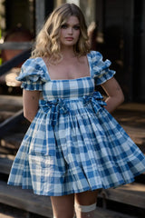 Blue Plaid Short Puff Sleeve Square Neck Bow A-line Mini Dress