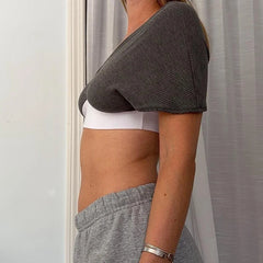 Grey Colour Block Deep V-Neck Short Sleeve Crop Top
