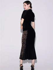 Side Lace Patchwork Black Short Sleeve Maxi Dress