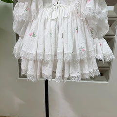 White Square Collar Puff Long Sleeve Lace Trim Floral Embroidered Mini Dress
