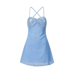 Blue Sequin Spaghetti Strap Mini Dress