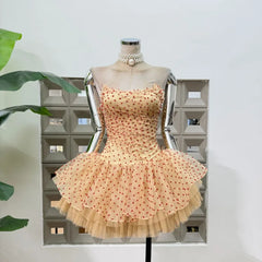 Mesh Fishbone Strapless Lace Up Mini Dress