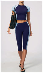 Two-Tone Contrast Seam Crop Top And Capri Leggings Set