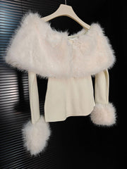 White Fur Collar Long Sleeves Off-Shoulder Top And Mini Skirt Set