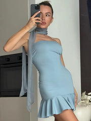 Strapless Solid Scarf Collar Ruffle Mini Dress