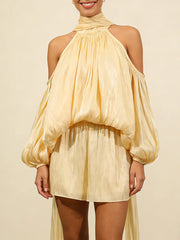 Stand Collar Off The Shoulder Cut Ribion Blouse