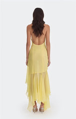 Sheer Halter V Neck Ruffle Pleated Hem Maxi Dress