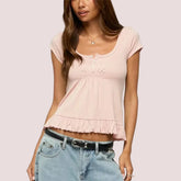 Short Sleeve Buttoned Ruched Bust T-Shirt