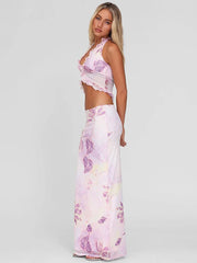 Mesh Print Halter Tank Top And Maxi Skirt Set