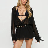 Long Sleeve V-Neck Mesh Cover Up Mini Dress