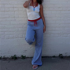 Blue Striped Wide Leg Red Drawstring Waist Lounge Pants