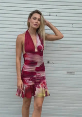 Printed Deep Halter Ruched Pleated Hem Mini Dress