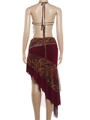 Burgendy Tassel Patchwork Halter Tank Top And Irregular Hem Midi Skirt Set