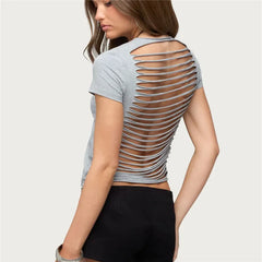 Back Cut Out Shredded Short Sleeve Crop T-Shirt
